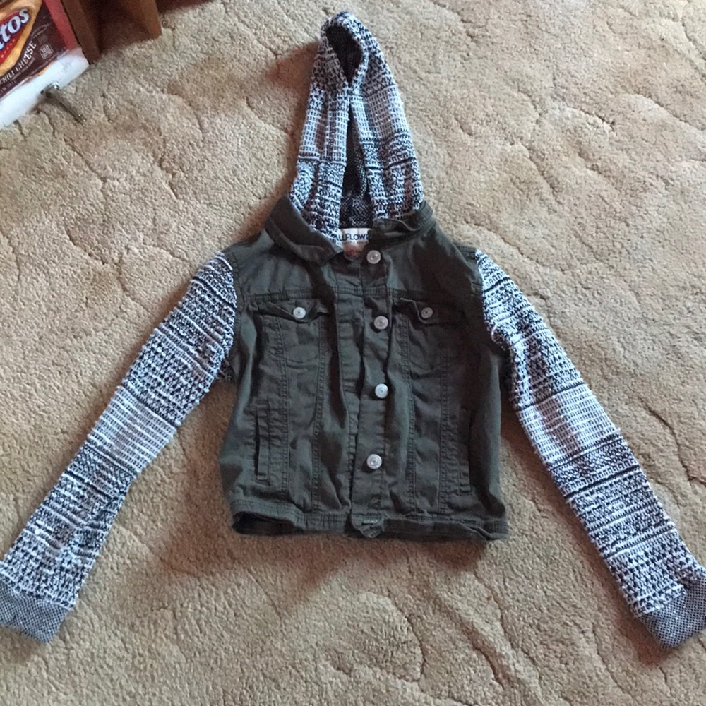 Jean jacket like, with hoodie.